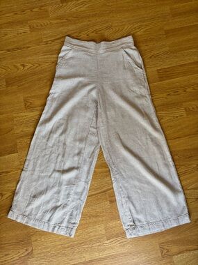 Max Studio London stripe beige cream wide leg cropped pull-on pants linen sz S